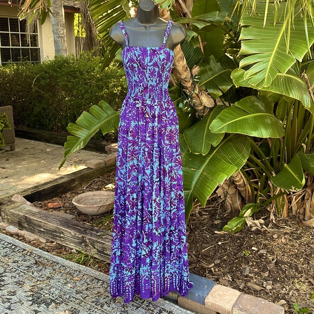 Batik print strapless, convertible, tiered dress